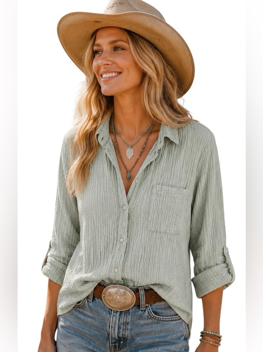 Passport | Light Sage Gauze Button-Down Shirt SzM EUC